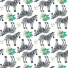 Vector illustration. Seamless pattern with cartoon style icon of zebra, tropic leaves, flowers. Cute background for different design.