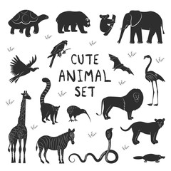 Vector illustration. Set icons flat style of various animals. Characters for different design with text. Simple silhouette pictograms.