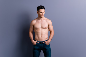 Photo of good-looking cool man in casual denim jeans hold hand i