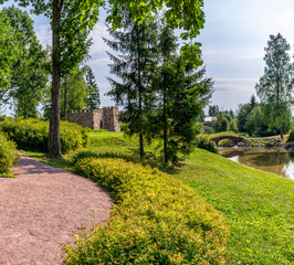 Public Park in the restored estate. A place of rest and walks in the Leningrad region.