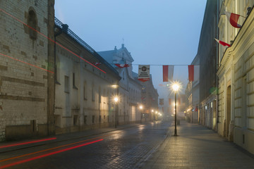 Ulica z biało-czerwonymi flagami