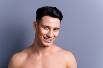 Fototapeta premium Close up portrait of good-looking calm cool man stand isolated o