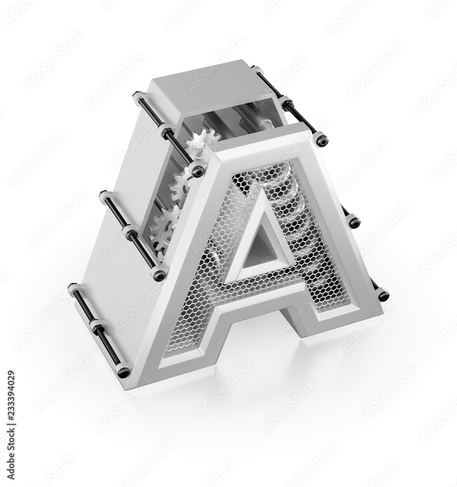 Aufkleber capital a of alphabet. designed in techno-style letter 'a' assemled from mechanical parts on reflect