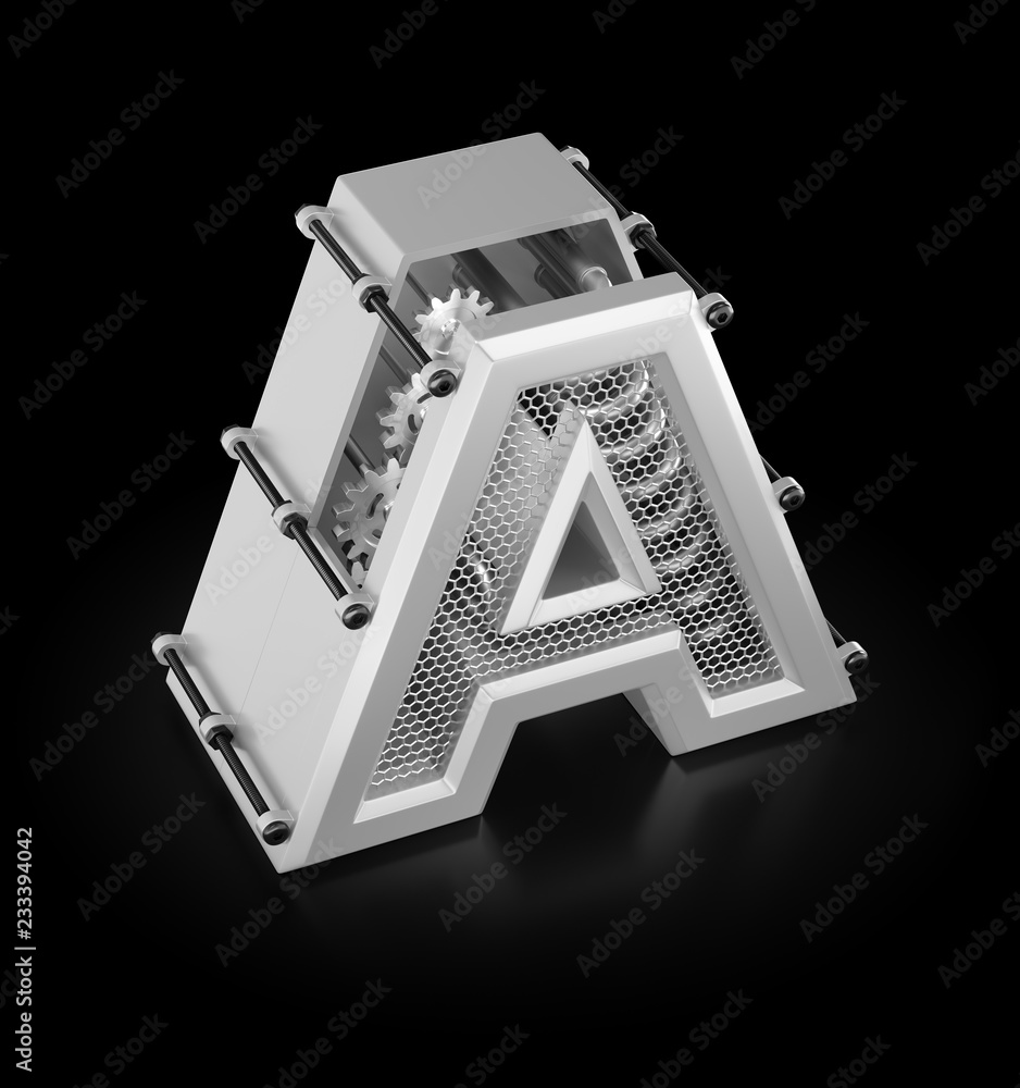 Aufkleber capital a of alphabet. designed in techno-style letter 'a' assemled from mechanical parts on reflect