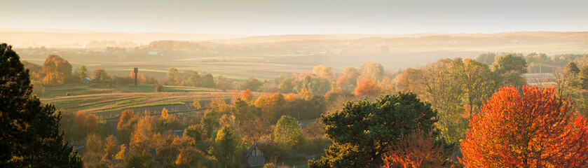 panoramic view of village at autumn sunset. Ukraine