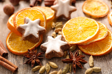 assorted spices on wood background