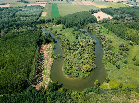 Aerial view of river Hernad in Hungary