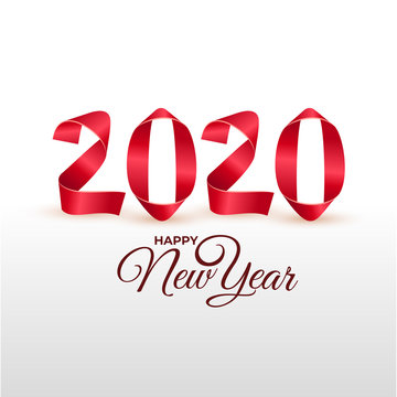 New Year 2020 greeting card. Handmade red painted strips bent into numbers shapes. Vector illustration. Isolated on white background.