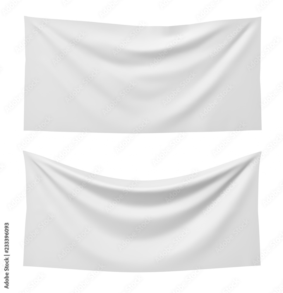 Poster 3d rendering of two white rectangle flags, one straight and another hanging down on a white backgrou