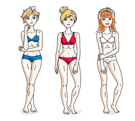 Happy attractive young women standing in colorful bikini. Vector people illustrations set. Slim female with perfect body.