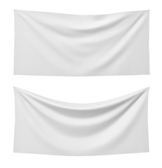 3d rendering of two white rectangle flags, one straight and another hanging down on a white background.