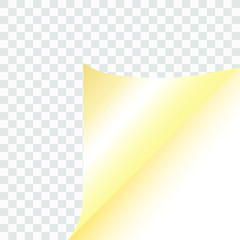 Wrapped page corner, transparent background, golden design, vector illustration realistic