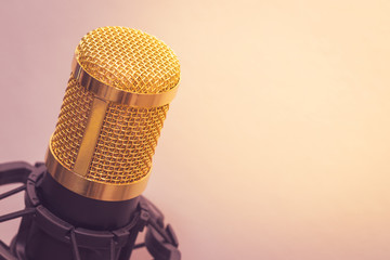 Close-up the condenser gold microphone. The light from right side. Artistic style.