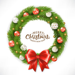 Christmas Wreath. Happy New year greeting card template. Vector 3d Illustration
