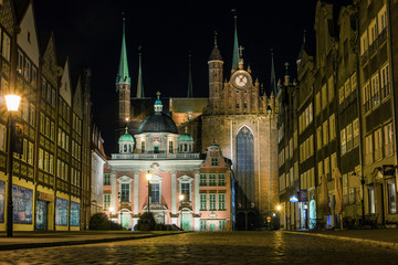 St. Mary's Church and King's Chapel in the Old Town in Gdansk at night. Poland
