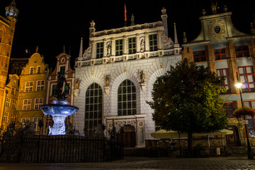Obraz premium Neptune's Fountain - is a historic fountain on the background of a beautiful old house in Gdansk at night. Poland