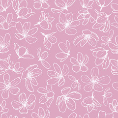 White blossom line flowers on pink background. Gentle spring floral seamless pattern.