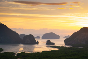 Landscape view during sunrise in Phang Nga, Thailand.