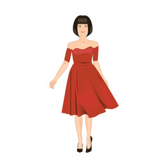 Young brunette woman wearing red dress isolated on white background. Pretty woman in shoulderless dress and ballet flats.
