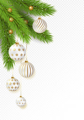 Christmas tree branches with hanging gold and white balls on transparent background. Great for flyers, posters, headers. Vector illustration. Template for your design.