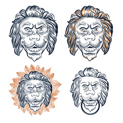 Lion head decorative set. Door knocker vector. Lion head hand drawn sketch.