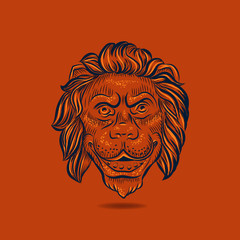 Lion hand drawn head floating on orange background. Lion mane vector illustration.