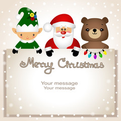 Fototapeta na wymiar Christmas card. Funny postcard with Christmas Elf, bear and Sant