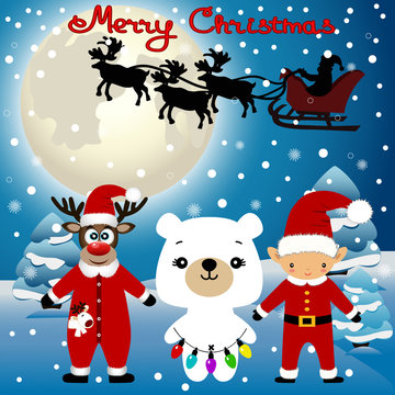 Christmas card. Funny postcard with Christmas Elf, Christmas rei