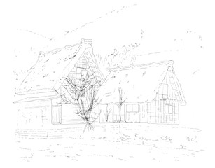 Drawing of a japanese traditional countryside house / Freehand illustration with pen in black and white of a house in Shirakawa-go