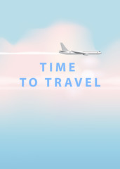 Flying plane and cloud on blue sky background. Concept design template of time to travel. Vector illustration in cartoon style, banner, poster, isolated, illustration