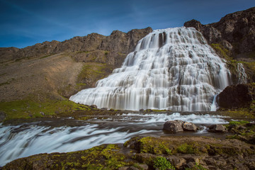 The waterfall Dynjandi with clear blue sky