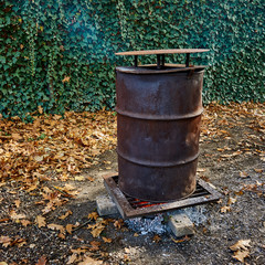 A barrel with a metal lid for burning small branches against the background of a curled ivy fence. A double cap with a hole in the center extinguishes the flame. Ease of manufacture and fire safety.