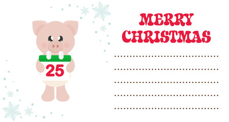 cartoon cute pig with scarf and christmas calendar on the christmas card