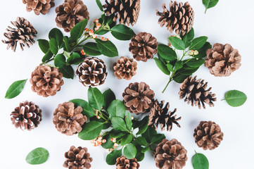 Christmas Pine cones and greenery flat lay