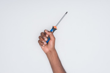cropped shot of african american man holding screwdriver isolated on white