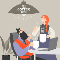 Vector illustration of office life with a man and a woman drinking coffee