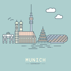 Munich line icon style city skyline vector illustration - obrazy, fototapety, plakaty