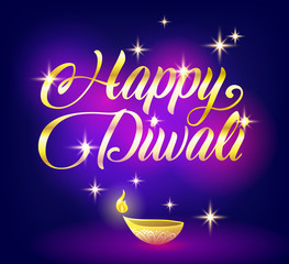 Golden Happy Diwali congratulation with stars on black background, greeting card, postcard, vector illustration
