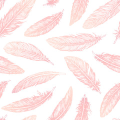 Fototapeta na wymiar Hand drawn vector feathers line art seamless pattern on white background. Detailed pink boho decoration. Pastel ornament for wrapping paper, fabrics and textile.