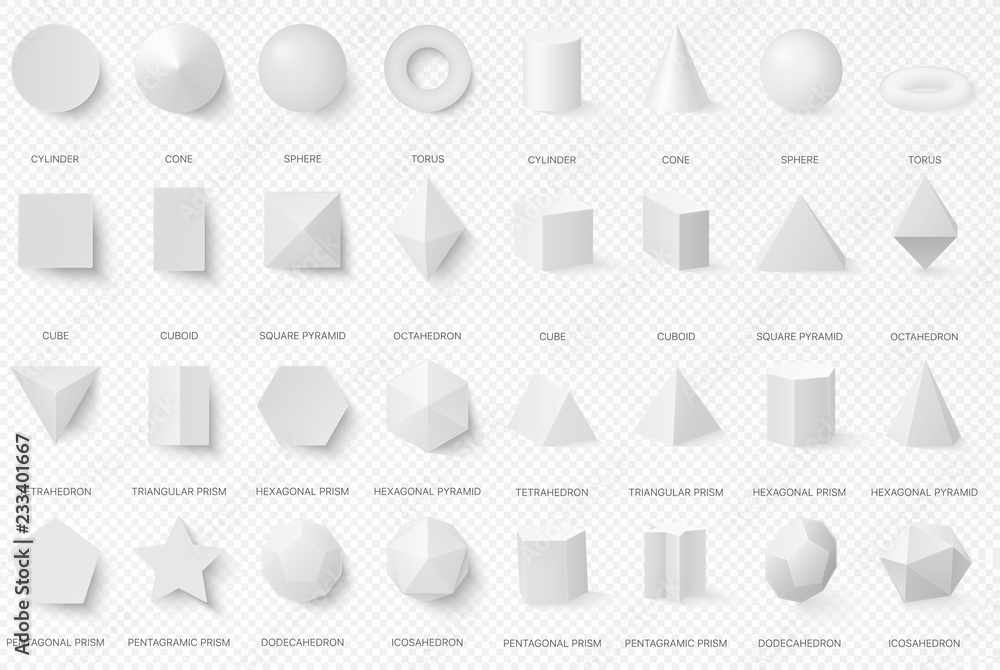 Wall mural realistic white basic 3d shapes in top and front view isolated on the alpha transperant background.