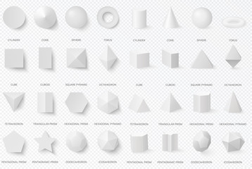 Realistic white basic 3d shapes in top and front view isolated on the alpha transperant background. © lembergvector