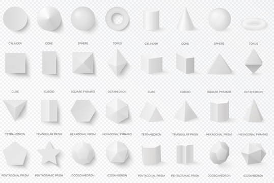 Realistic white basic 3d shapes in top and front view isolated on the alpha transperant background.