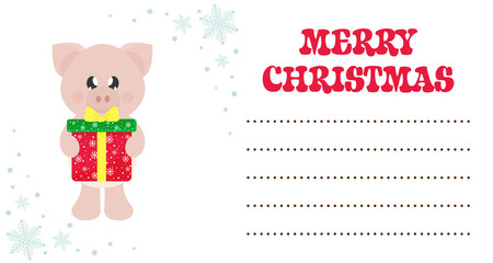 cartoon cute pig with christmas gift on the christmas card