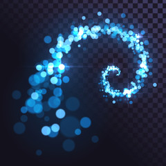 Whirl of blue glowing dust, sparkling spiral on transparent background
