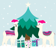 Christmas holiday card with cute llamas and tree vector