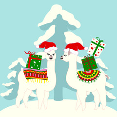 Christmas holiday card with cute llamas and tree vector