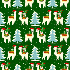 Christmas seamless pattern with cute llamas in hats.