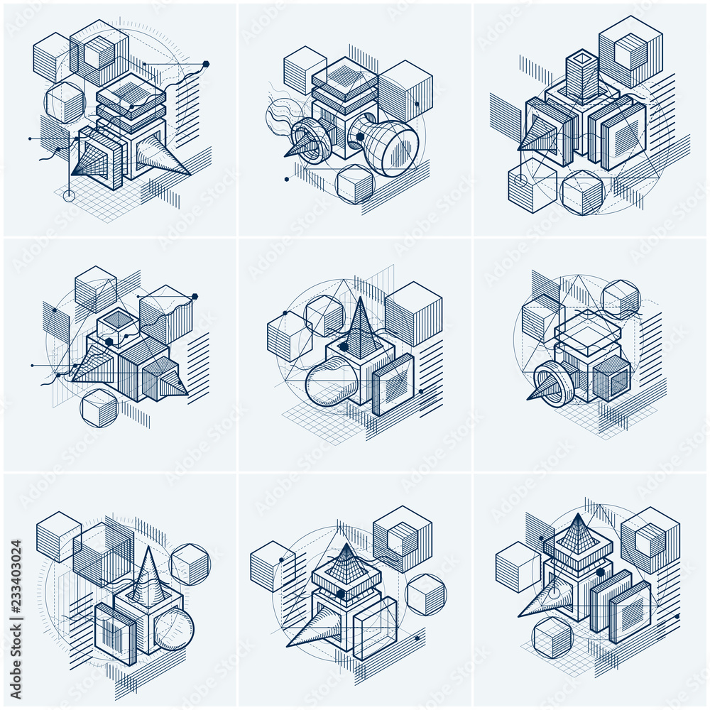 Poster isometric abstract backgrounds with lines and other different elements, vector abstract templates. c
