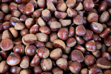Fresh juicy raw chestnuts. Gourmet appetizer French street food. Photo for the background of a cafe, diner on wheels.
