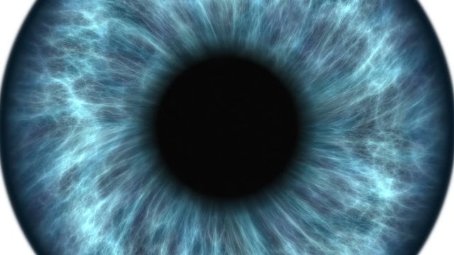 Blue human eye dilating and contracting. Very detailed extreme close-up of iris and pupil.